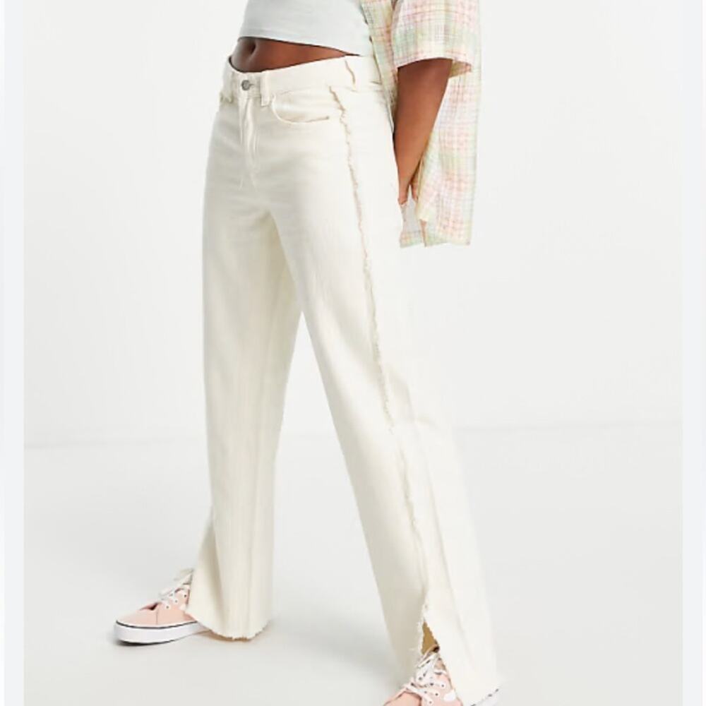 Weekday Frayed Edge Straight Leg Pants Off White Linen Cotton Blend Size 36 NWOT